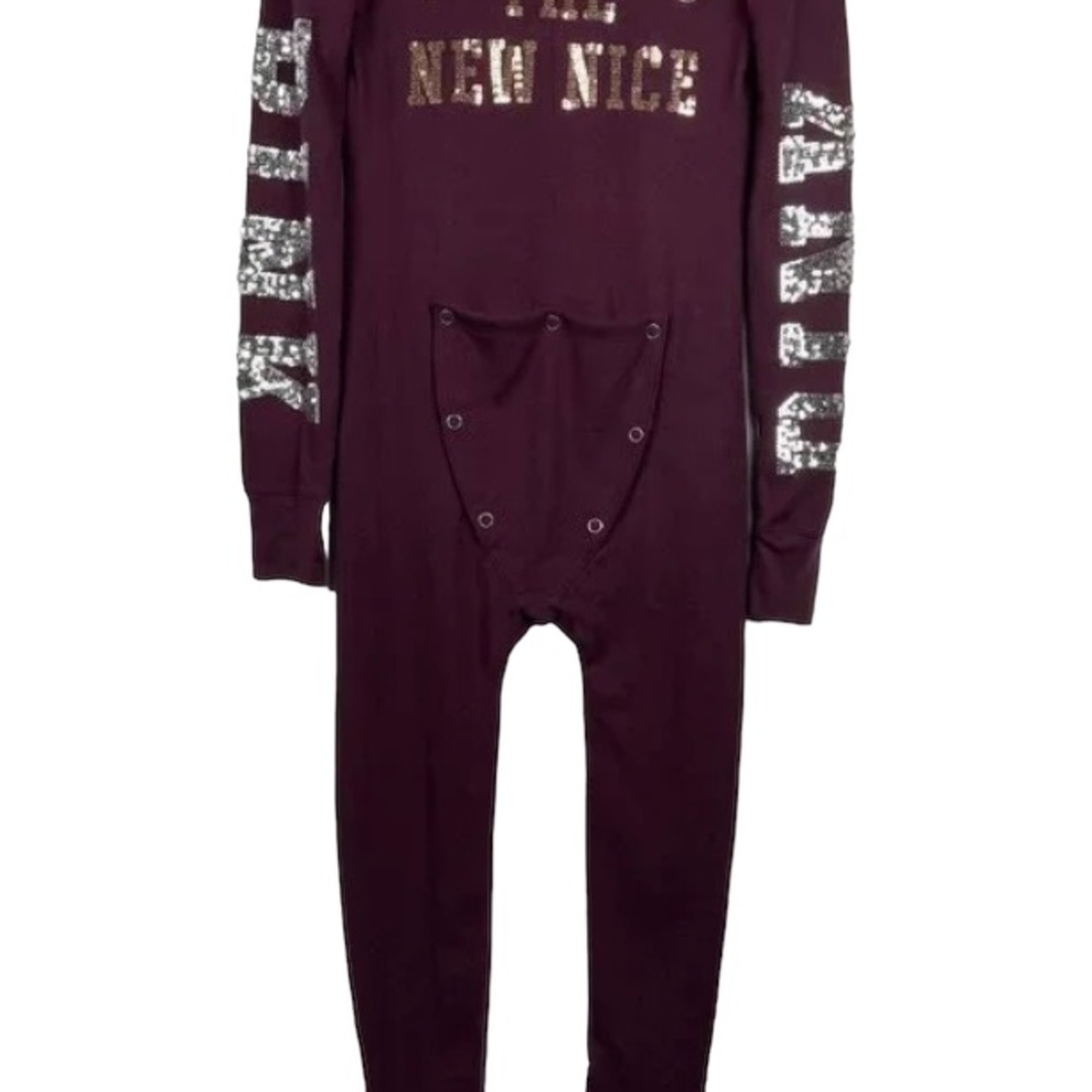 Victoria’s Secret PINK Naughty New Nice Burgundy Sequin Thermal Onesie L - Picture 13 of 13